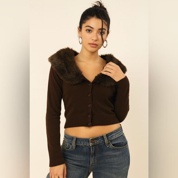 Copper Key Chocolate Brown Cardigan with Faux Fur - Picture 1 of 5